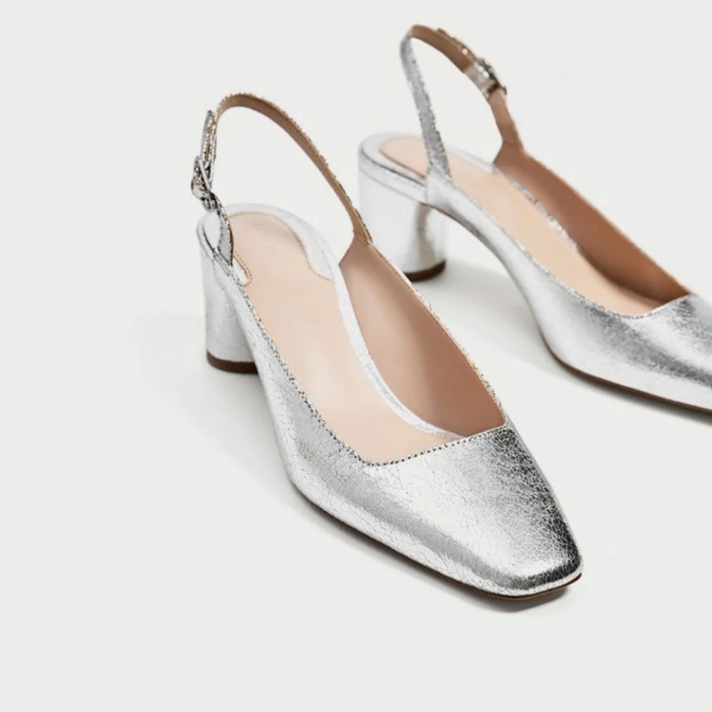 NWT ZARA silver slingback court shoes SZ 38